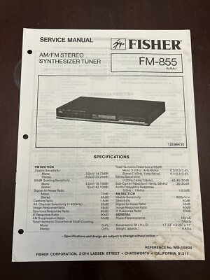 Fisher FM-855 AM/FM Stereo Synthesizer Tuner Service Manual Vintage OEM Diagram-image