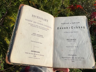 Antique Vintage 1863 Book ENGLISH DANISH DICTIONARY Dutch Hornbeck Leather-image