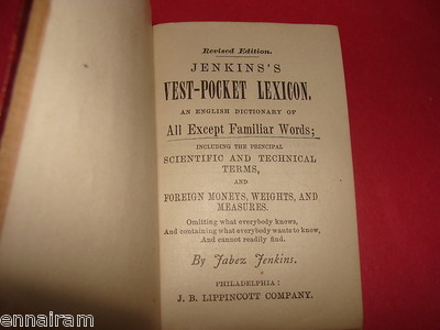 Jabez Jenkins Vest-Pocket Lexicon 1861 Leather 563 pgs. 3.5