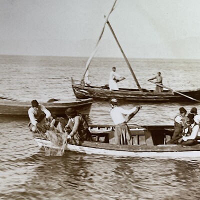 Antique 1901 Fisherman In The Sea Of Galilee Stereoview Photo Card P1328-image