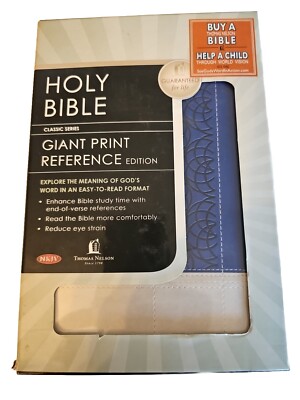 Giant Print Reference Bible NKJV Sapphire Blue Cream Leathersoft LNIB Inscribed -image