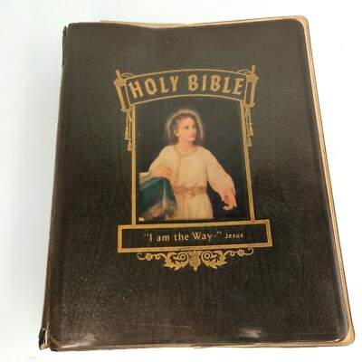 Vtg 50s Reference Holy Bible Family KJV Large Red Letter Religious Teacher-image