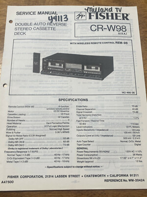 FISHER CR-W98 STEREO DOUBLE CASSETTE DECK ORIGINAL SERVICE REPAIR MANUAL -image