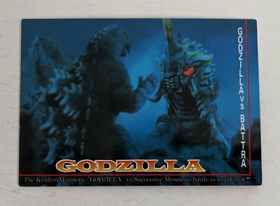 Godzilla King of Monsters trading card (Amada, 1995) #59, Godzilla vs Battra; Ex-image