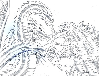 GODZILLA VS MONSTER ZERO FINE ART  ORIGINAL COMIC ART SKETCH ON CARD STOCK-image