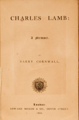 1866 HC, Charles Lamb: A Memoir by Barry Cornwall; Edward Moxon & Co.-image