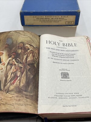 Vintage 50a Holy Bible Collins Reference KJV Red Letter Leather Thumb Index Box -image