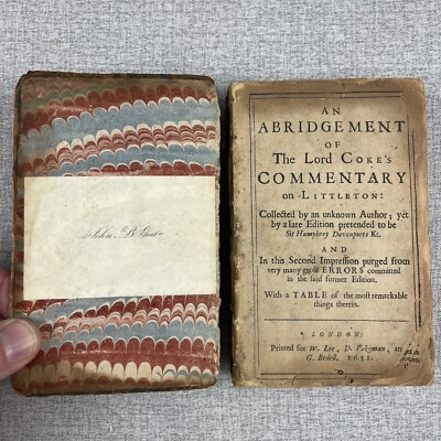 1651 An Abridgment of Lord Coke's Commentaries Littleton ~John B Gest Book Plate-image