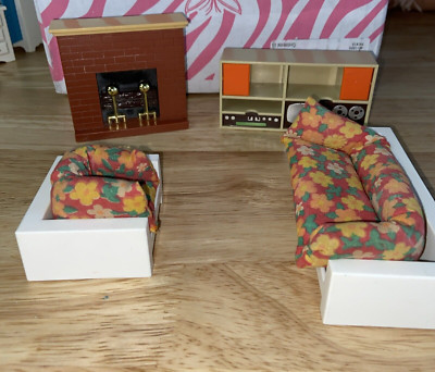 Vintage Fisher Price Dollhouse Living Room Furniture Stereo Fireplace 1970's-image