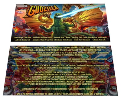 Stern Godzilla Premium Pinball Custom Apron Instruction Cards-image