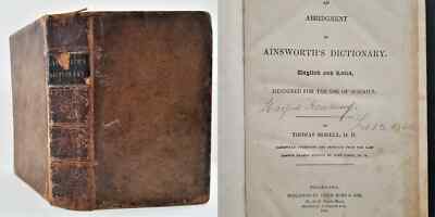 1860 antique AINSWORTH ENGLISH LATIN DICTIONARY owned FULTON HARFORD ACADEMY-image