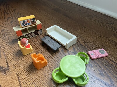 Vintage 1977 Fisher Price Dollhouse Furniture coffee table chairs sofa & Stereo-image