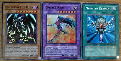 3 x Yugioh! Cards - Red-Eyes Black Metal Dragon, Cyber Blader, Monster Reborn-image