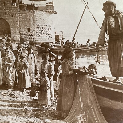 Antique 1901 Fisherman Return With Fish In Tiberias Stereoview Photo Card P1331-image