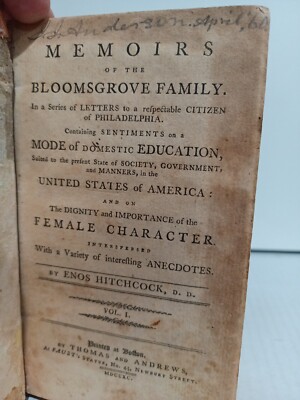 1790 Memoirs of The Bloomsgrove Family Enos Hitchcock Vol. 1 1st Edition Leather-image