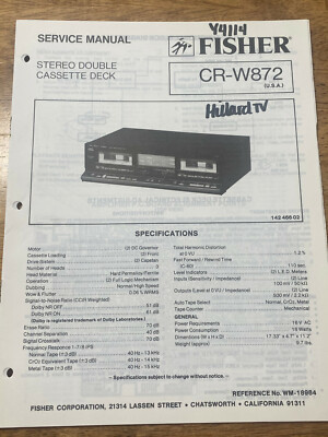 FISHER CR-W872 STEREO DOUBLE CASSETTE DECK ORIGINAL SERVICE REPAIR MANUAL -image