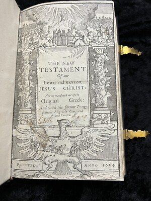 1664 King James Bible GOLD CLASPS Rare New Testament ENGRAVED Reference FIRST ED-image