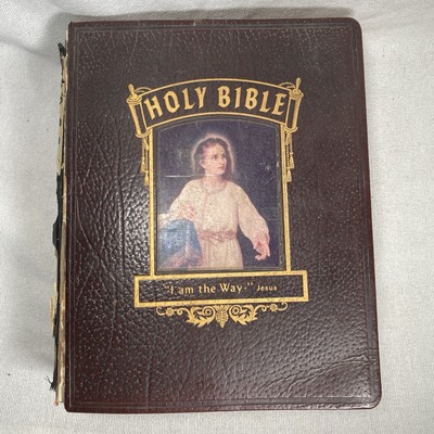 Vtg 50s Reference Holy Bible Family KJV Large Red Letter Religious Teacher-image
