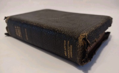 Antique 1910 Bible Black Leather References Pronouncing Red Letter Cambridge-image