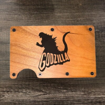 Wood Wallet Minimalist Laser Engraved with Godzilla-image