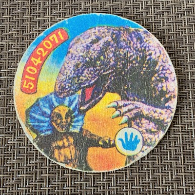 Vtg JP Kaiju Monster Menko Round 2.64in Retro Toy Played Creased Damaged Edge-image