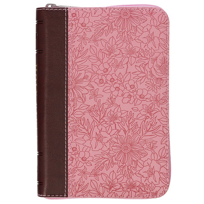 KJV Mini Pocket-size Red Letter Bible, Faux Leather w/Zipper & Ribbon, Pink/Tan-image