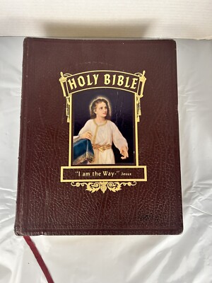 Vintage 50s Reference Holy Bible Family KJV Large Indexed Tabs Red Letter Heavy-image