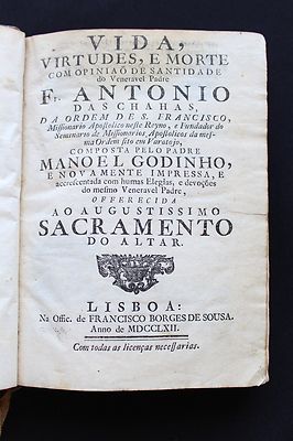 1762- Life of Franciscan ANTONIO DE CHAGAS including in Bahia Brazil-image