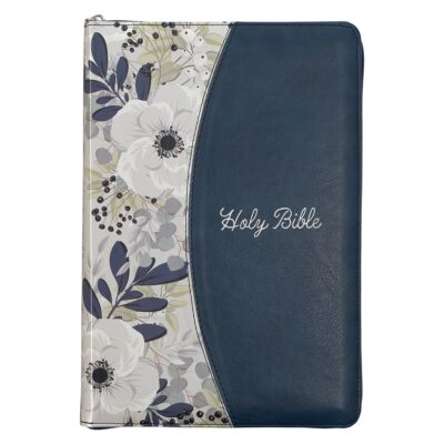 KJV Large Print Thinline Zippered Bible, Faux Leather Red Letter, Blue Floral-image