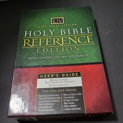 KJV Reference Bible Black Bonded Leather Center Column Reference VG in Box-image