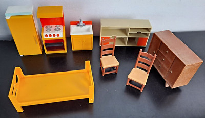 1970 Fisher Price Dollhouse Furniture, Kitchen Set, Chairs, Bookcase, Stereo-image