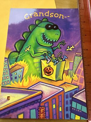 Vtg Unused Halloween Card Dinosaur Godzilla Grandson W/ Env-image
