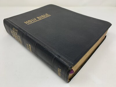 Large 1949 Dk Brown Leather Hertel New Standard KJV Reference Bible Blue Ribbon-image