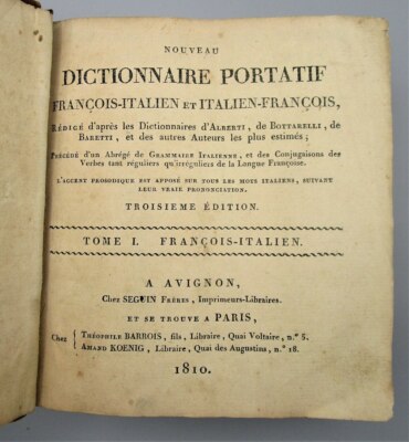 NOUVEAU DICTIONNAIRE PORTATIF FRANCOIS-ITALIEN - 1810 French/Italian Dictionary-image