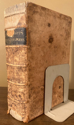1850 book Greek-English Lexicon by LIDDELL, calf leather binding, marbled endpap-image