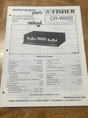 FISHER CR-W886 STEREO DOUBLE CASSETTE DECK ORIGINAL SERVICE REPAIR MANUAL -image