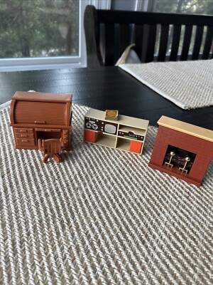 Vintage Fisher Price Dollhouse Fireplace, Stereo,Roll Top Desk W/Swivel Chair-image
