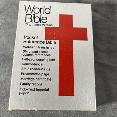 World KJV Pocket Reference Bible Black Genuine Leather VG in Box! 886C-image