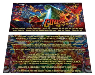 Stern Godzilla PRO Pinball Custom Apron Instruction Cards-image
