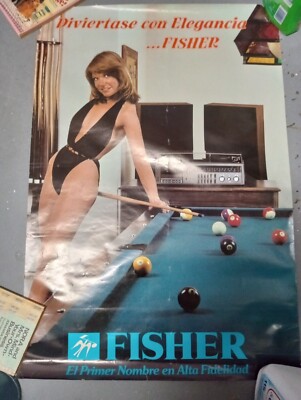 Fisher Stereo Spanish Poster 1970s 1980s Pool Table Model in Bathing Suit-image